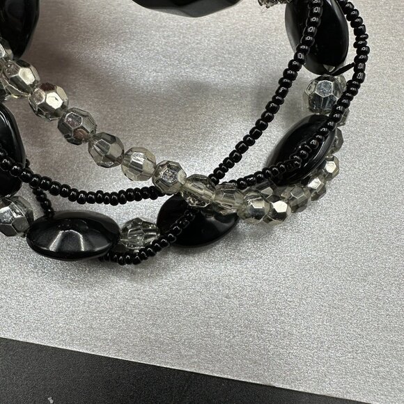 Beaded Stretch Bracelet Black Faceted Multi Strand Rhinestone Acrylic Chunky - Picture 7 of 11